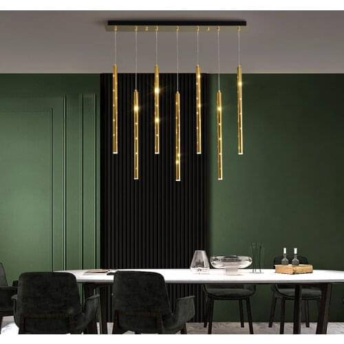 Gold Modern Simple LED Chandelier Kitchen Island Creative Long Hanging Light Dining Room Bar Coffee Restaurant Tube Pendant Lamp