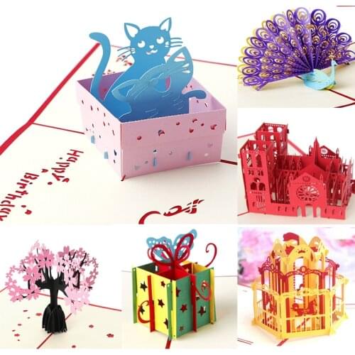 25 Styles 3D Pop UP Holiday Greeting Card Cat Box Animal Christmas Thanksgiving Birthday Gift Handmade Valentine Invitation new