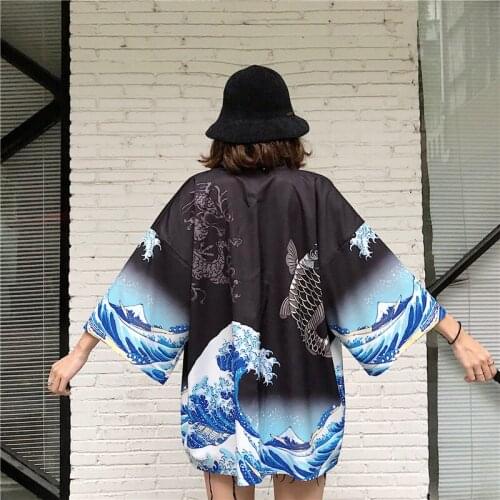 Bebovizi Black White Carp Print Summer Japanese Fashion Women Harajuku Cardigan Kimono Blouse Tops Casual Beach Kimonos Robe
