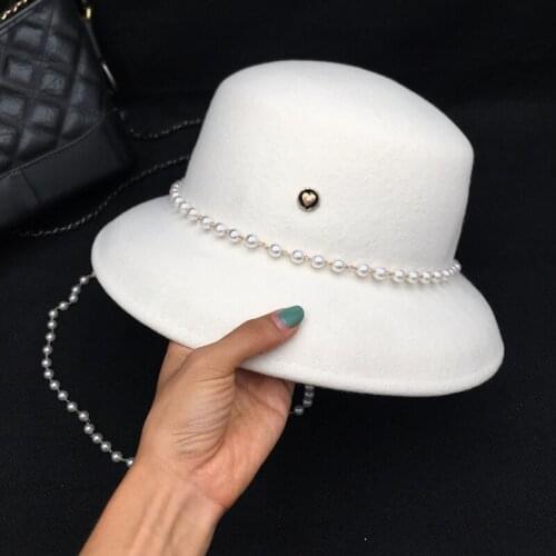 White wool womens bucket hats with pearls French vintage wool fisherman hat Hepburn fashion socialite cap