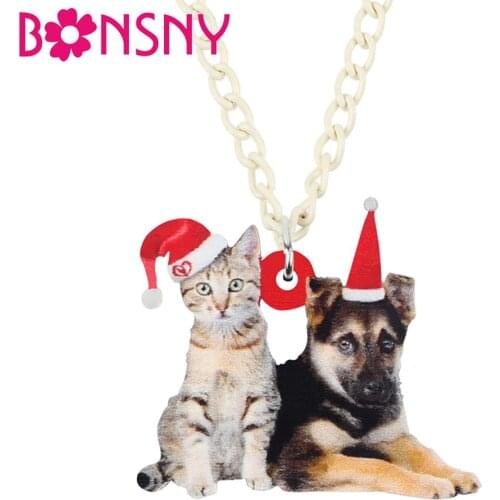 Bonsny Acrylic Christmas American Wirehair Cat Shepherd Dog Necklace Pendant Chain Animal Jewelry Women Girl Teen Kid Charm Gift
