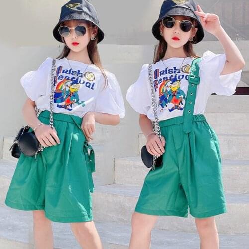 2021 Kids Clothes Solid Tshirt + Jumpsuit Clothing For Girls Casual Style Clothes Girl Summer Costumes For Children 6 8 10 12 14