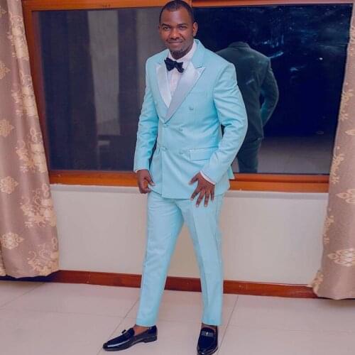 Blue Sky Double Breasted Wedding Tuxedos Sliver Peaked Two Pieces Mens Suit Custom Made Groomsmen Style