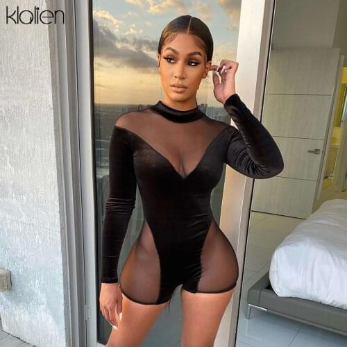 KLALIEN Sexy Black Mesh Patchwork See Through Women Playsuit 2021 Spring New Fashion Casual Skinny Street Clubwear Romper