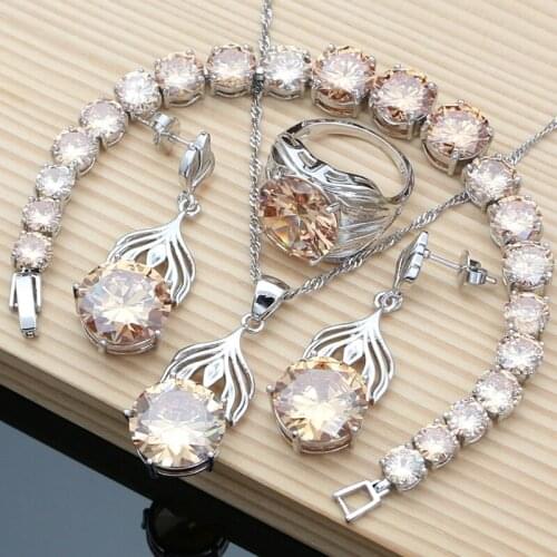 925 Silver Needle Earrings Big Champagne Topaz Jewelry Sets Charm Rings Fine Women Jewellry Bride Necklace Set Dropshipping