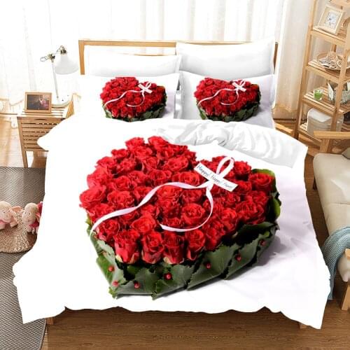 Red Roses Bedding Set Flowers Heart Comforter 3D Print Luxury Duvet Cover Set Home Textile Decor Queen King Single Size Romantic