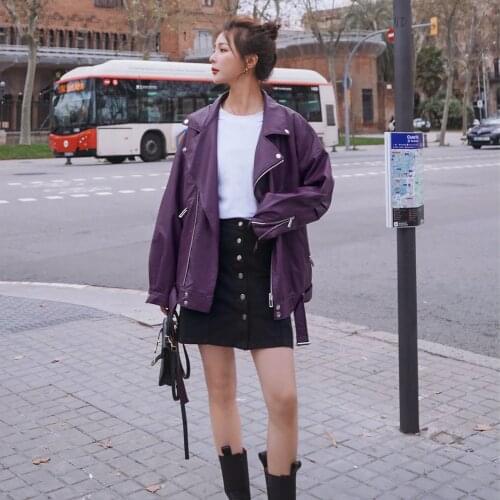 Leather Jacket Female Purple Pocket Korean Loose Long Sleeve Spring Autumn New Locomotive Street Cool Spring Bomber Jacket 99Q