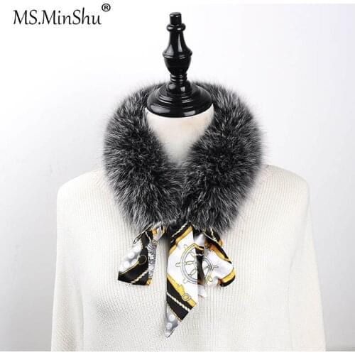 MS.MinShu Fox Fur Scarf Real Fox Fur Scarf with Ribbon Short Women Scarf Genuine Fox Fur