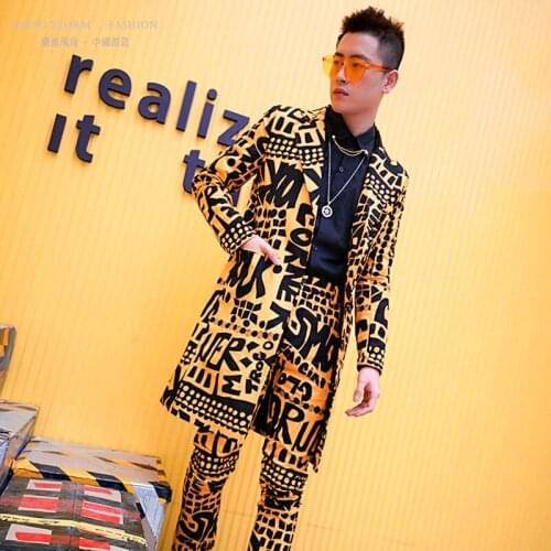 Fit Male Slim Blazer Yellow Suit Jacket Nightclub Stage Singer DJ Clothes Men Long Casual Slim Fit Suits Sets 2PCS (jacket+pant)