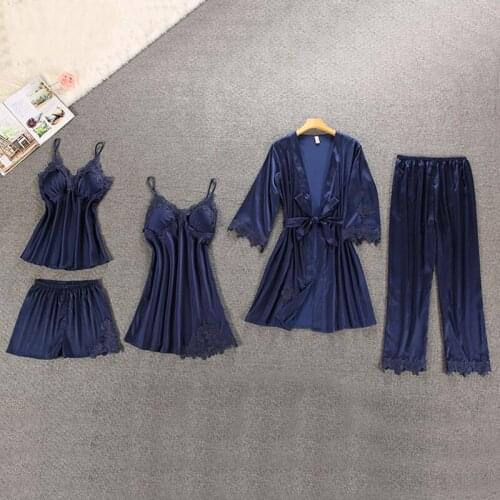 Women Pajamas 5 Pieces Satin Sleepwear Pijama Silk Home Wear Clothing Nightgown set Embroidery Lounge Pyjama with Chest Pads