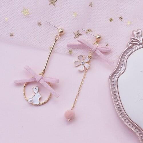 Simple Cute Drop Earrings For Women Sweet Romantic Rabbit Flower Pink Bow Ear Clip Jewelry Accessories Girl Gift
