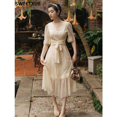 SWEETXUE Summer French Romantic Chic Fashion Princess Retro Gentle Lace Mesh Bowknot Dress Slim Ruffle Party Girl Vestidos