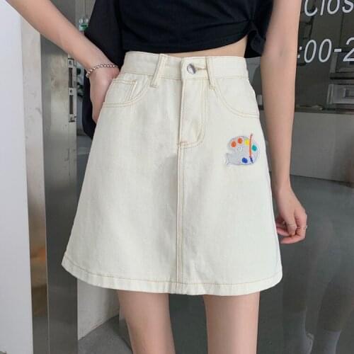 High waist a-line short skirt women retro embroidered denim skirt creative embroidery new fashion