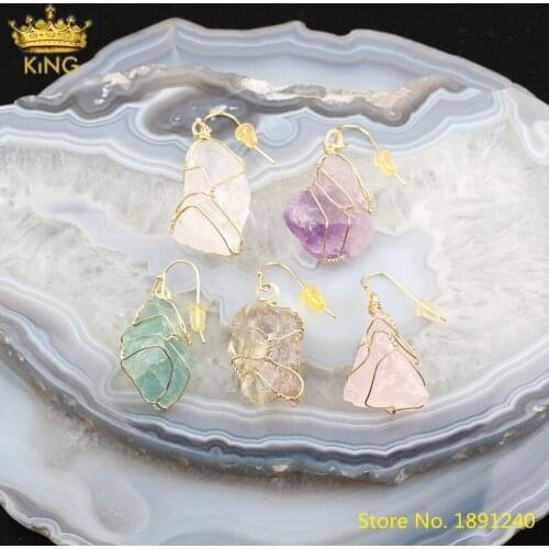 5Pairs Natural Roses Lemon Quartz Nugget Chunky Beads Dangle Earrings Jewelry Women Boho Stone Beads Hook Earrings Gold Jewelry