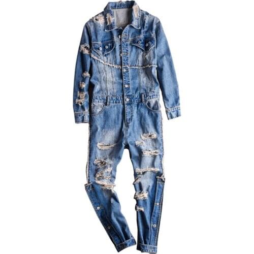 Chic Mens Denim Overalls Jeans Holes Casual Long Sleeve Full Length Pants F7