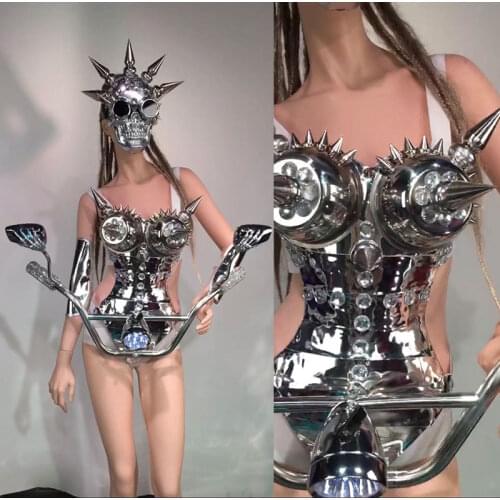 Sexy Party Robot Suit Silver Mirror Locomotive skull head mask costume DS Ballroom Dance Dress singer space show stage wears