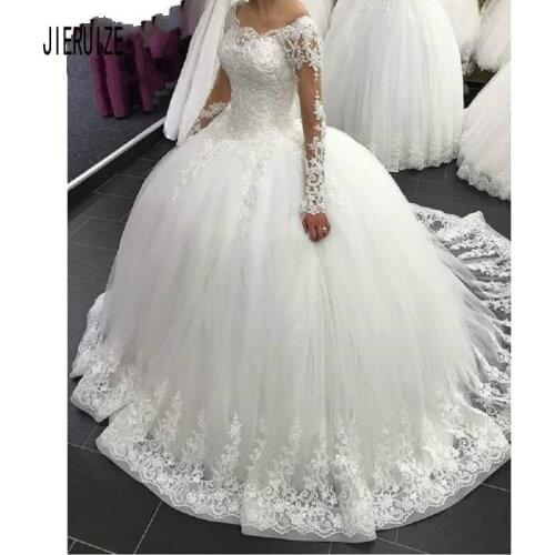 JIERUIZE Vintage Sheer Long Sleeve Ball Gowns Scoop Neck Lace Applique Wedding Dresses Robe de mariée