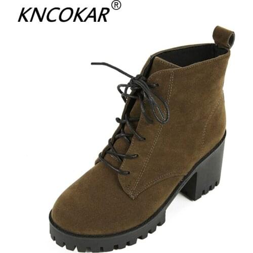 KNCOKAR Womens Winter Round Head Single Boot Cotton Shoes High Heel Martin Boots Womens Leather Boots Size 35-40 x1018