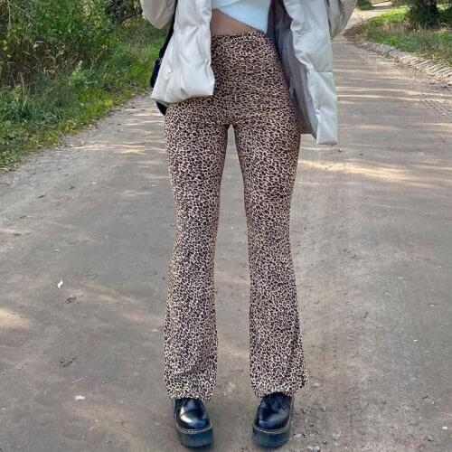 Womens Leopard Printed Flare Pants 2020 Fashion Vintage High Waist Slim Thin Breathable Bell-Bottomed Pants Trousers Female