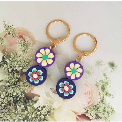 Bohemia Gold Color Hoop With Flower Pattern Dark Purple Blue Round Polymer Clay Strand Charm Earrings For Women Vintage Jewelry