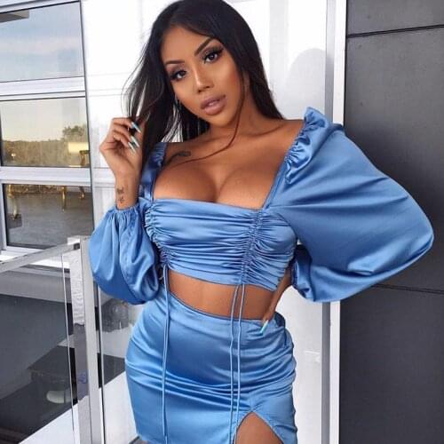 Wsevypo Chic Satin Two-piece Skirts Sets Women Solid Color Dress Suits Long Puff Sleeve Lacing Ruched Crop Tops+Mini Slit Skirts