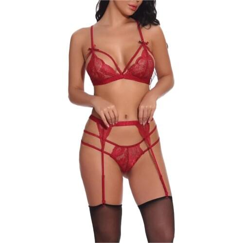 Women Hot Sexy Transparent Bra + Brief + Stockings + Sling Lingerie Lace Bra Set Nightgown Erotic Underwear Intimate Sex Clothes
