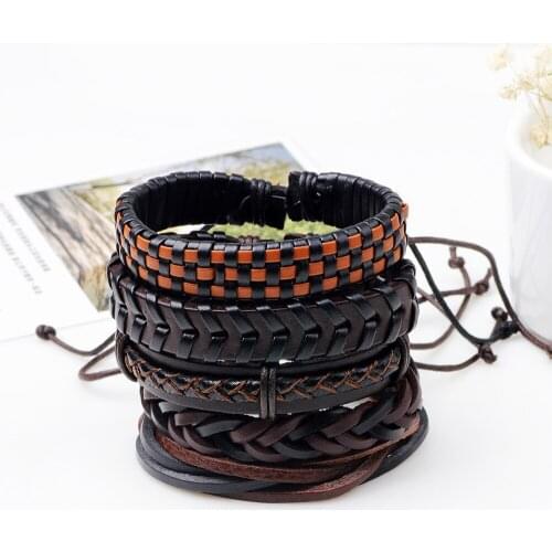 5pcs/set Boho Gypsy Hippie Punk Black Dark Brown Leather Wax Cord Rope Knots Layers Stacked Adjustable Bracelets Set for Man