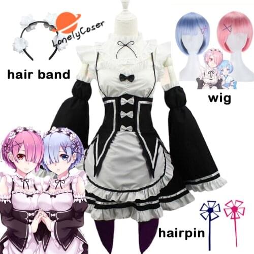 Anime Re:Life in a different world from zero Ram Rem Cosplay Costume Pink Blue Wig Maid Lolita Dress Halloween Party Role Play