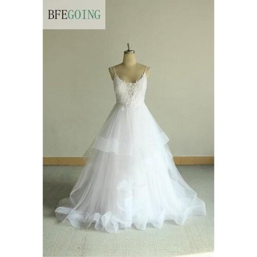 White Lace Tulle Sleeveless Spaghetti Straps V-Neck Floor-Length Bridal Gowns A-Line Wedding Dresses Chapel Train Custom Made