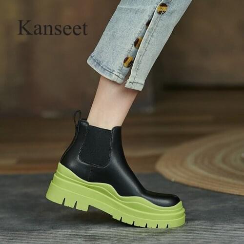 Kanseet Fashion Chunky Heels Women Ankle Boots 2021 Autumn Winter New Genuine Leather Round Toe Hot Sale Short Boots For Lady