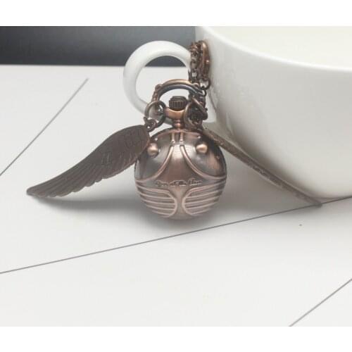 Retro Snitch Ball Shaped Potter Quartz Pocket Watch Fashion Sweater Angel Wings Necklace Chain Gifts for Kids Anime Pocket Gift