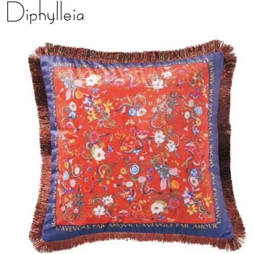 Diphylleia 2020 GC Design Series Cushion Cover Red Velvet Tropical Flowers Animals Printing Decorative Pillow Case Fringed