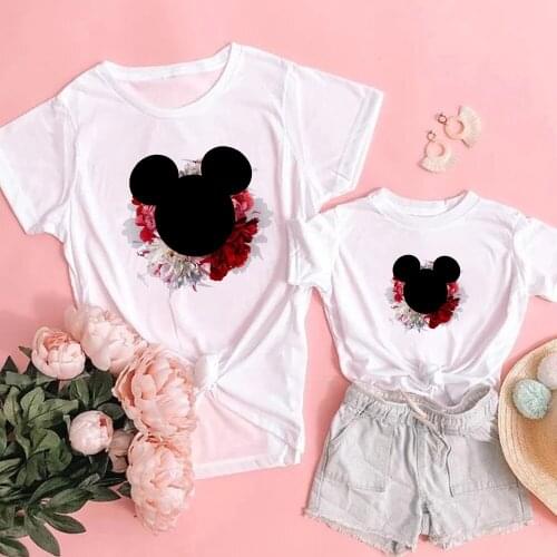 Family Matching Clothes Summer Short Sleeve Loose White O-neck Tshirt Mickey Mouse Harajuku Fashion Mother And Me Lovely Clothes