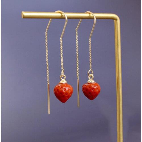 Natural Hetian Jade Full of Meat South Red Strawberry Earrings Eardrop Womens Ancient Gold S925 Sterling Silver Lasting Color