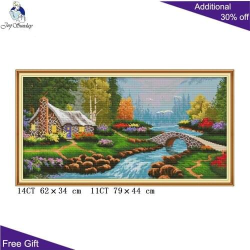Joy Sunday Cabin Landscape Home Decoration FA002 Counted Stamped Small Bridge Flowing Water And Household Cross Stitch Kit