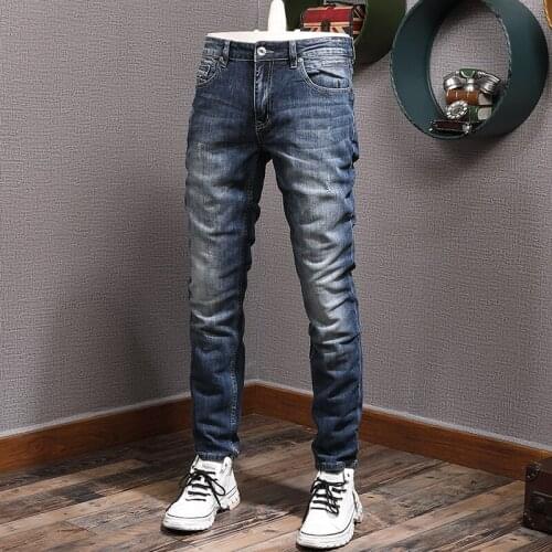 Italian Style Fashion Men Jeans Distressed Plain Elastic Slim Fit Ripped Jeans Men Retro Dark Blue Vintage Designer Casual Pants