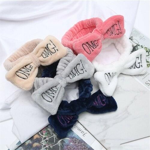 Fashion Letters OMG Coral Fleece Soft Bow Headbands Women Girls Cute Hairbands Face Washing Daily Use Headwear Hair Accessories