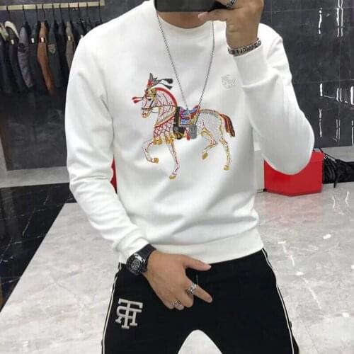 European and American fashion mens brand sportswear rhinestones personalized mens round neck casual long sleeves