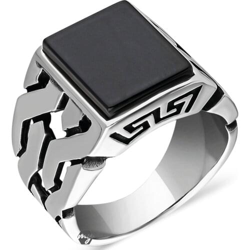 Solid 925 Sterling Silver Rectangle Flat Black Onyx Stone Mens Ring