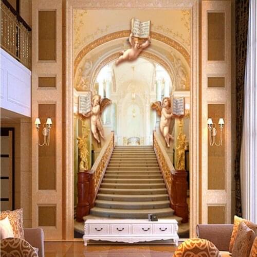 Custom mural European gold staircase angel 3D hall entrance background wall mural custom living room lobby wallpaper