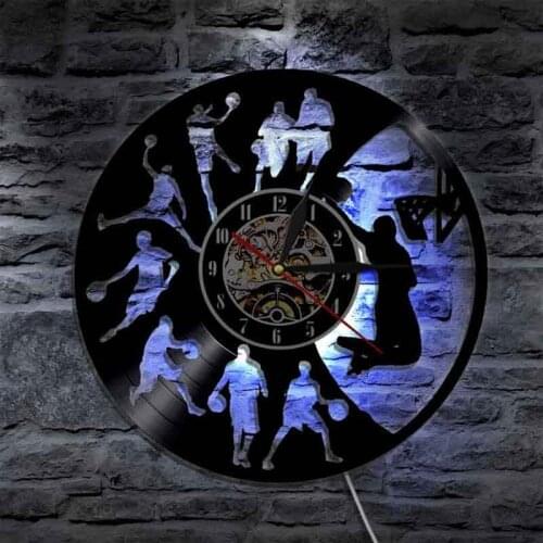 Vinyl Record Wall Clock with 7 Different LED Lighting Change Decorative Boys Room Basketball Clocks Wall Watch Home Decor