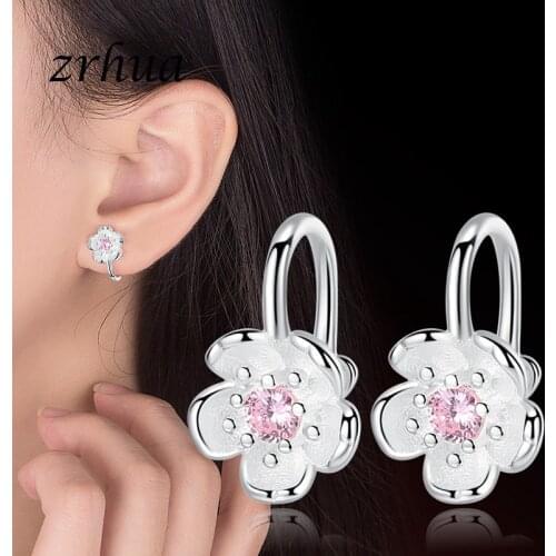 ZRHUA New Fashion Jewelry 925 Silver Clip Earrings Shiny Pink/Purple Flower Brincos Accessories Vintage Earring for Women Gifts