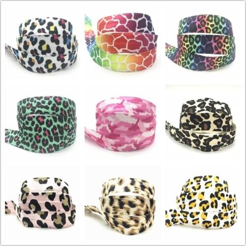 New 12 colors 10Y 15mm Colorful Leopard Patterns Print Fold Over Elastic FOE Ribbon Webbing For Headwear Hair Sewing Accessory