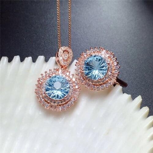 Aqua Blue Zircon Opening Ring Necklace Sets Big Round Stone Jewelry Sets For Women Vintage Bridal Rose Gold Wedding Promise Set