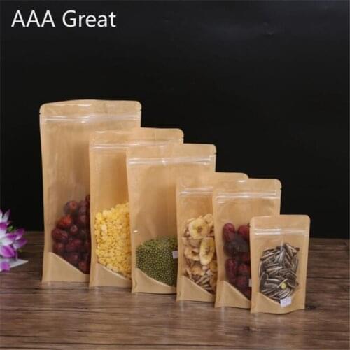 100Pcs/Lot Kraft Paper Bags Zip Lock Brown Stand Up Resealable Ziplock Pouches Tea Coffee Bean Candy Packaging Front Clear Bag