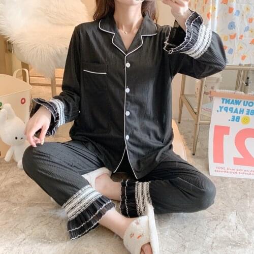 Autumn Winter Cotton 2 Piece Pajamas Set Lace Women New Black Color Colorful Sleepwear Long Sleeve Pajamas Female Sleep Homewear