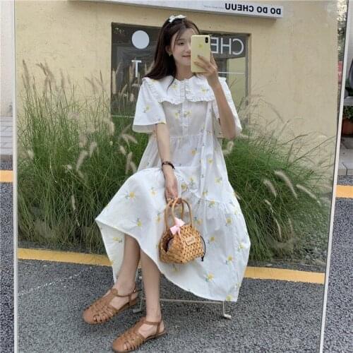 Dress Summer New Style Soft Wind Embroidered Doll Collar Dress French Mid-length White Womens Clothing