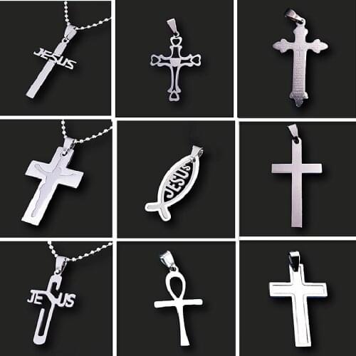 Retro Christian Jesus Cross Stainless Steel Necklace Pendant DIY Charm Catholic Jewelry Crafts Metal Accessories 2pcs P662