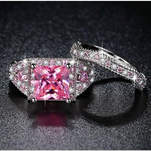Engagement Silver Wedding Ring Shellhard Lovers pink Crystal Couple Rings Set Wedding Rings For Men Women