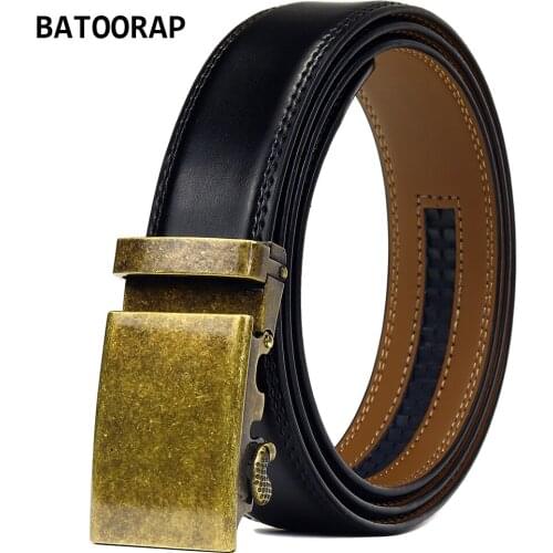 BATOORAP Casual Black Mens Ratchet Belts High Quality Leather Waist Strap Male Automatic Buckle Vintage Metal Jeans Belt WL-E019